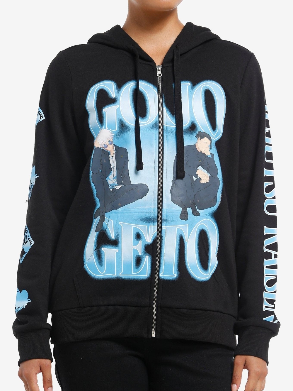 Gojo Geto Anime Zip Hoodie - Black with Blue Graphic Medium Jujutsu kaisen
